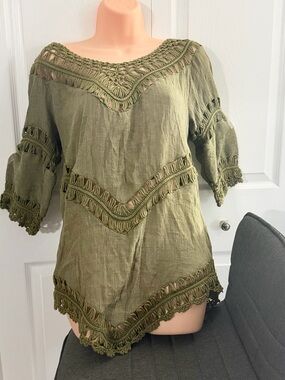 Women's Olive Crochet Trim V-Neck Tunic